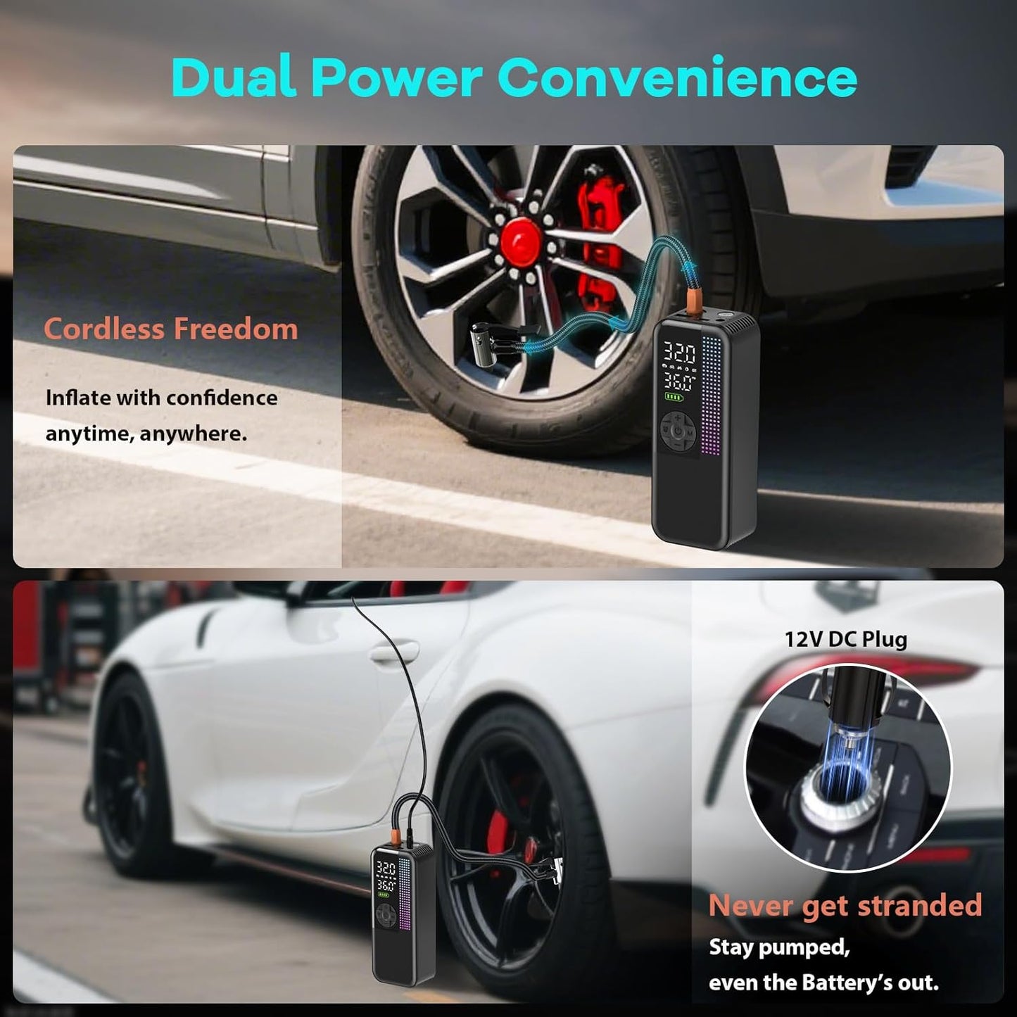 Tire Inflator Portable Air Compressor, 150 PSI Cordless Air Pump, Dual Power 6000mAh, 12V DC Car Plug, Fast Inflation 24L/Min, Auto Shut-Off, LED Light, 4 Preset Modes for Car, Bike, Motorcycle, Balls