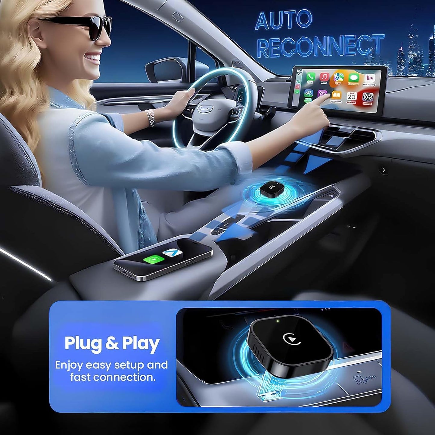 Wireless Adapter Convert Wired to Wireless for CarPlay&Android Small Size, Plug and Play, Fast and Stable Connection