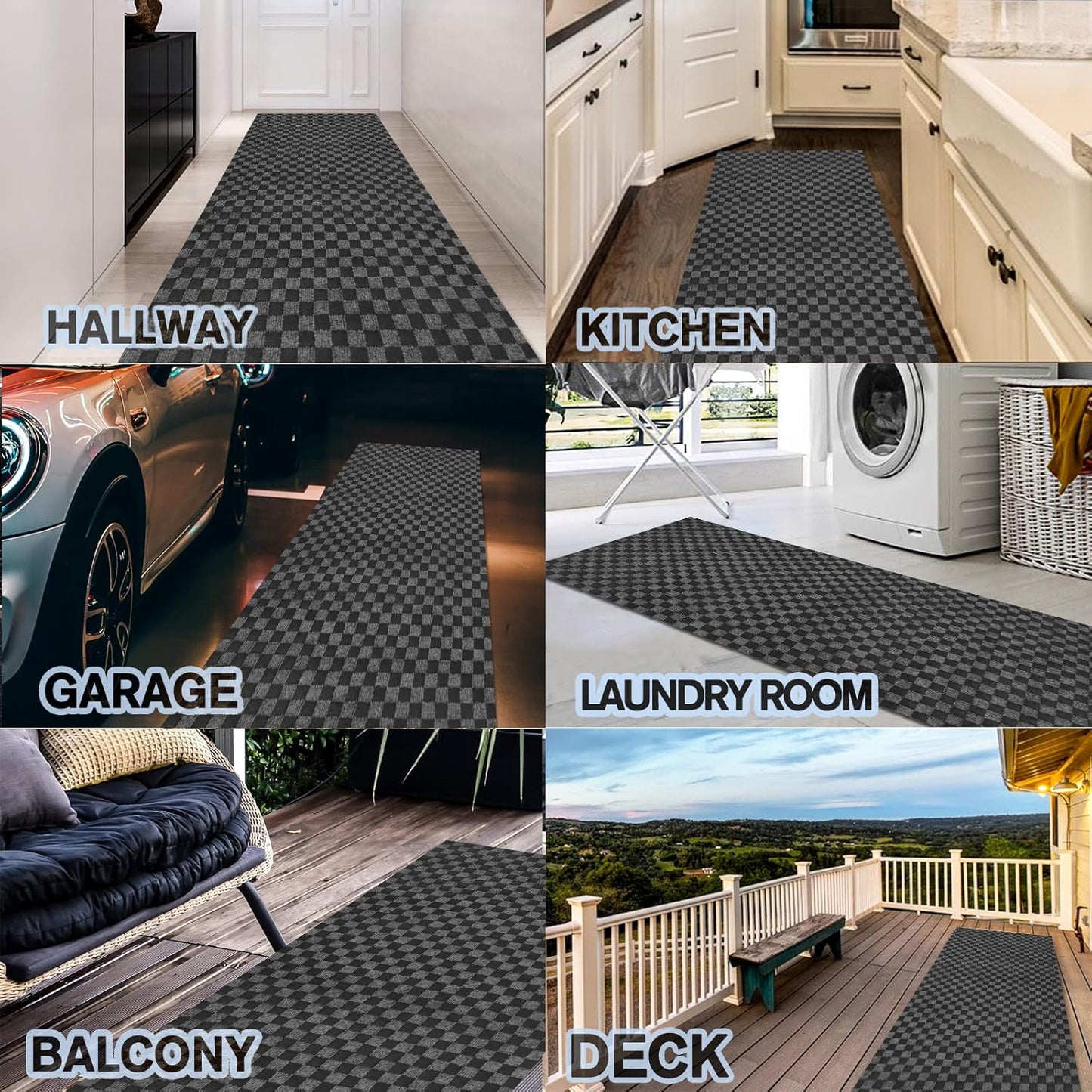 Custom Size Backed Non-Slip Area Rugs Runner, Easy Clean, Waterproof Runner Rugs for Hallway Entryway, Kitchen, Laundry, 2FT x 20FT, Gray Checkered