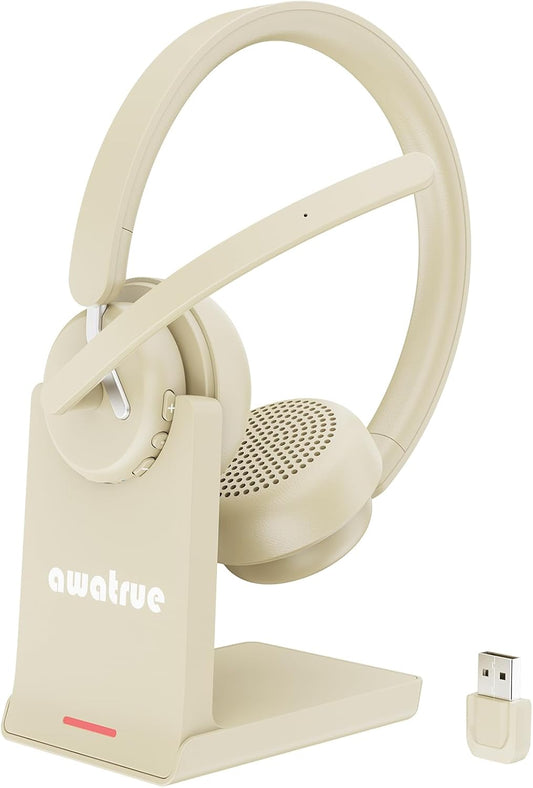 Wireless Headset with Mic, 2.4GHz Bluetooth Headset with AI Noise Cancelling Microphone & Charging Base, Wireless Headphones with USB Dongle for PC (Apricot, L)