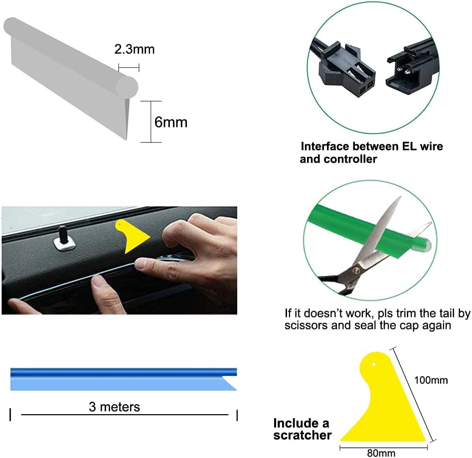 El Wire Green Interior Car LED Strip Lights, 3M Neon Wire USB 5V with Fuse Protection for Automotive Interior Decoration, with 6mm Sewing Edge
