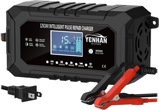 YONHAN 15-Amp Battery Charger LiFePO4 Trickle Car Battery Charger 12V 24V Fully-Automatic Smart Battery Chargers, Lead Acid Portable 9-Stage Smart Battery Maintainer with Temp Compensation(Black)