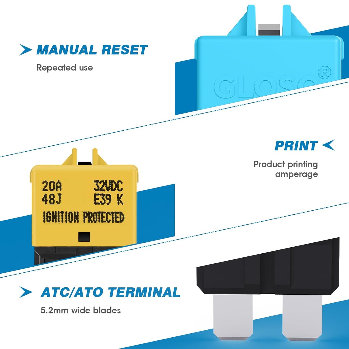 GLOSO Circuit Breakers E39 Manual (T3) Reset Low Profile ATC/ATO (7.5A - 25 Pack)