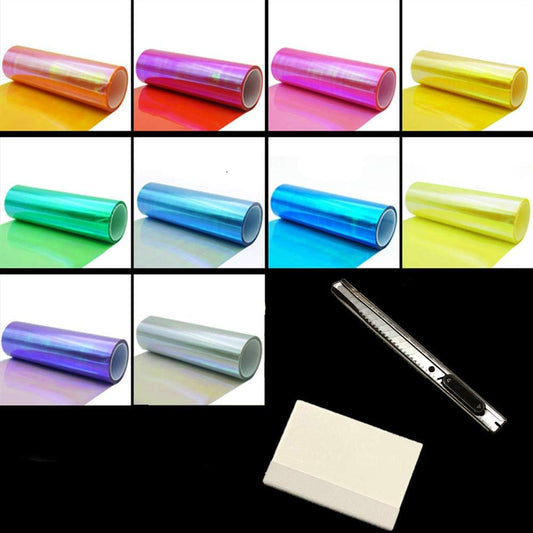12 by 48 inches Self Adhesive Shiny Chameleon Headlights Tail Lights Fog Lights Films,Film Sheet Sticker,Tint Vinyl Film with Gift Knife and Hand Tool (Light Blue)