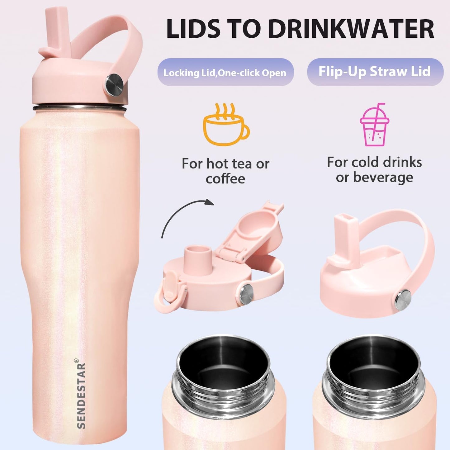 SENDESTAR 32oz Stainless Steel Water Bottle(Cold for 48 Hrs, Hot for 24 Hrs),Double Wall Vacuum Insulated Bottle with Straw Lid, Spout Lid and Flex Cap, Fit in Any Car Cup Holder TXIN-32-Laser Grey