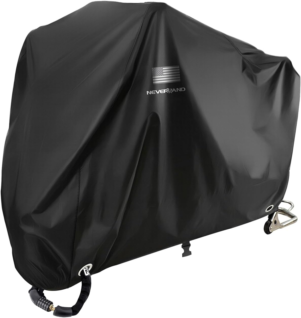 NEVERLAND Motorcycle Cover Waterproof Outdoor - Black Heavy Duty Scooter Cover, Motorbike Cover with Refletive Logo, Lock-Hole, Bandage, Storage Bag-Protect Against Dust, Debris, Rain and Weather(L)