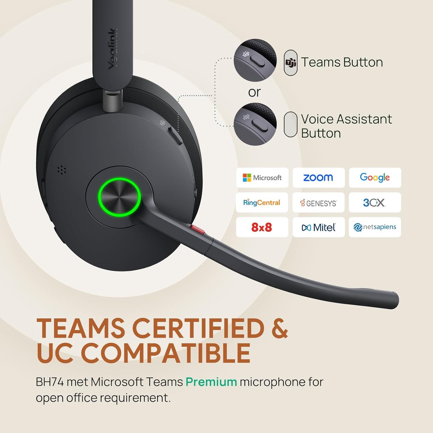 Yealink BH74 Active Noise Canceling Wireless Headset with Mic for Work, 6-mics Hybrid ANC Tech, Microsoft Teams Premium Open Ofﬁce Certified Headsets Bluetooth 5.3, up to 32h Talking, UC Compatible