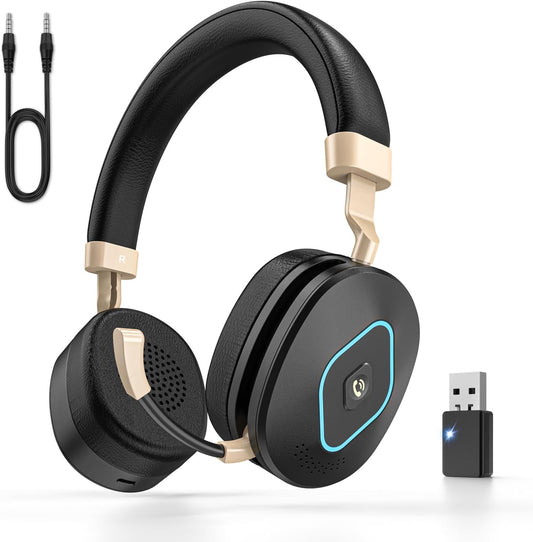 Wireless Headset with Mic for Work, Bluetooth Headphones with Microphone, Hybrid Mode Wireless/Wired, Dual AI Noise Cancellation, Retractable Boom Mic, USB Dongle & Mute for Home/Office/PC/Cell Phones