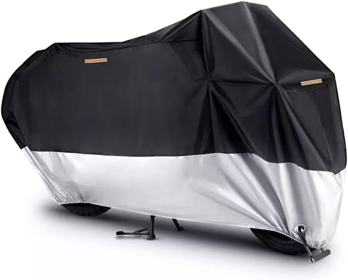 Motorcycle Cover, 210D Oxford Cloth, with Reflective Stripes, Waterproof Outdoor Protection, All-Weather Universal car Cover, with Lock Holes and Storage Bag. (Black Silver, 104")