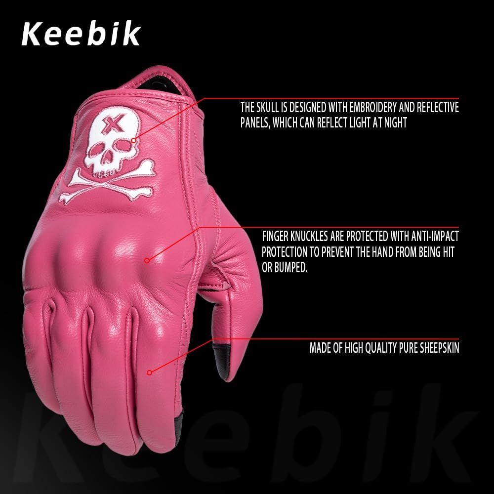 Goatskin Leather Motorcycle Motorbike Powersports Racing Gloves Reflective Skull Touchscreen for Men and Women Model