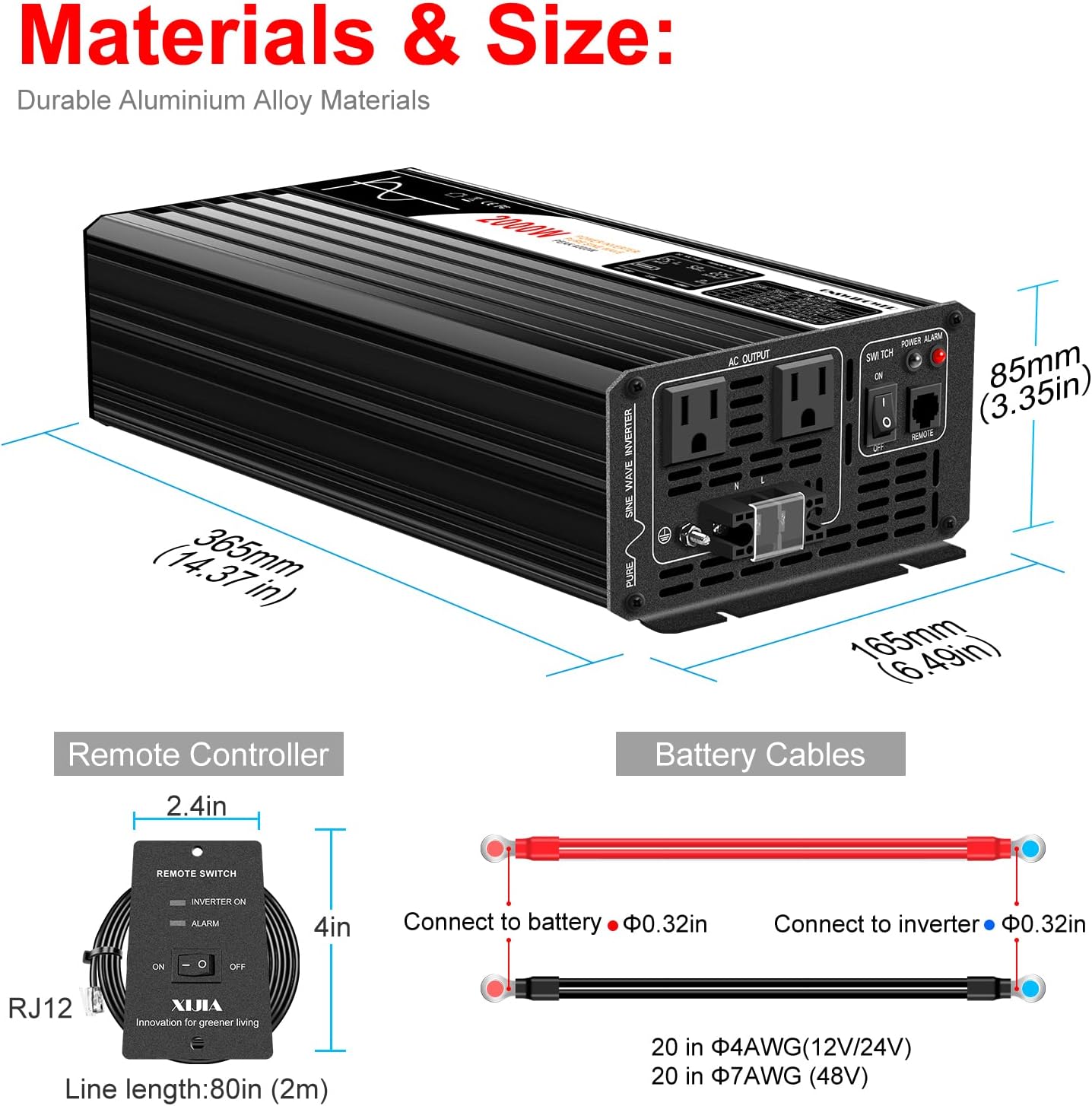 Xijia 2000W Pure Sine Wave Inverter DC 36v Inverter to 120v ac 60HZ Solar Converter for Home Use car (DC36V (Range 30V-45V) 2000W)