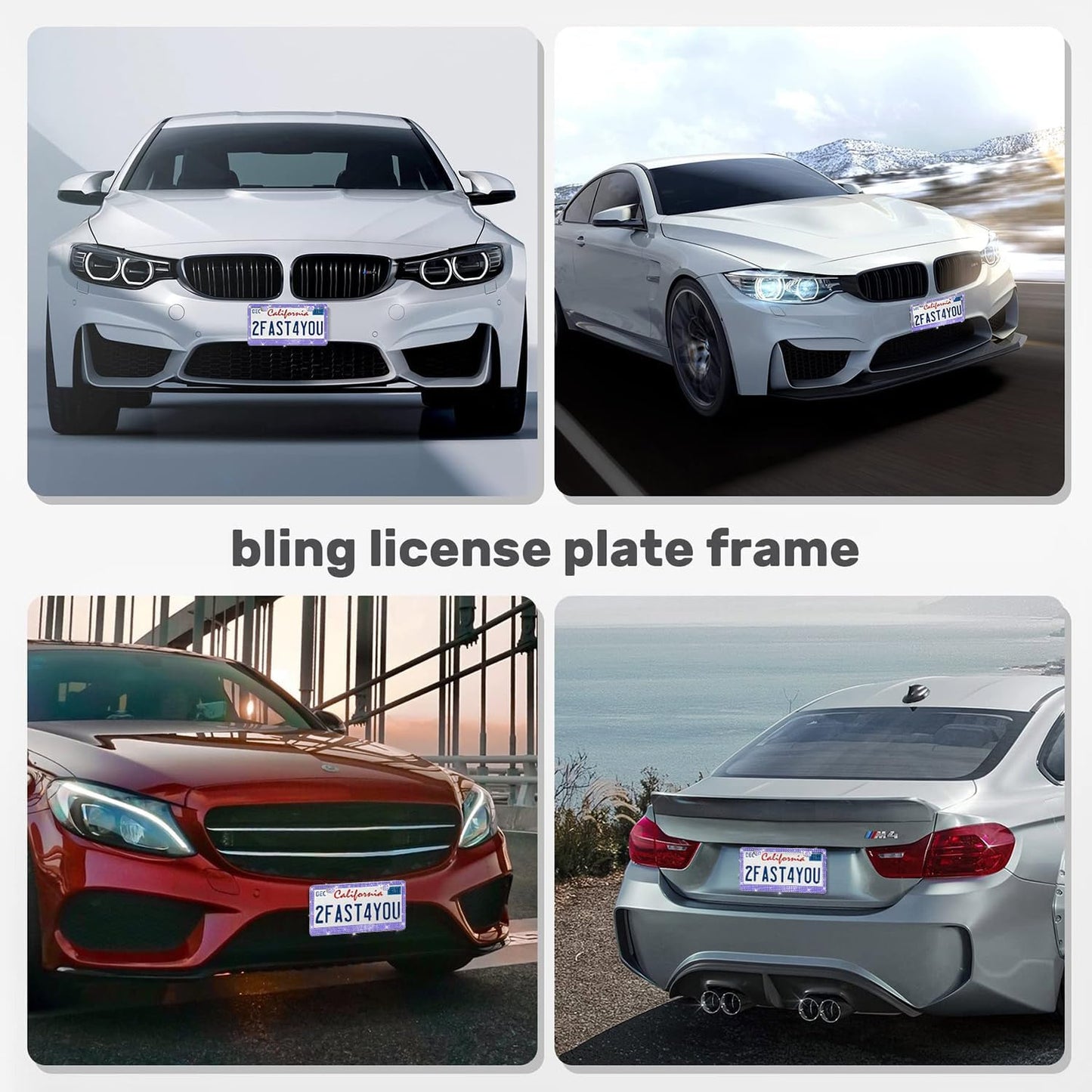 2 Pack License Plate Frames for Women, Sparkly Rhinestone Diamond Car Accessories with Glitter Crystal Caps (Purple (2PCS))