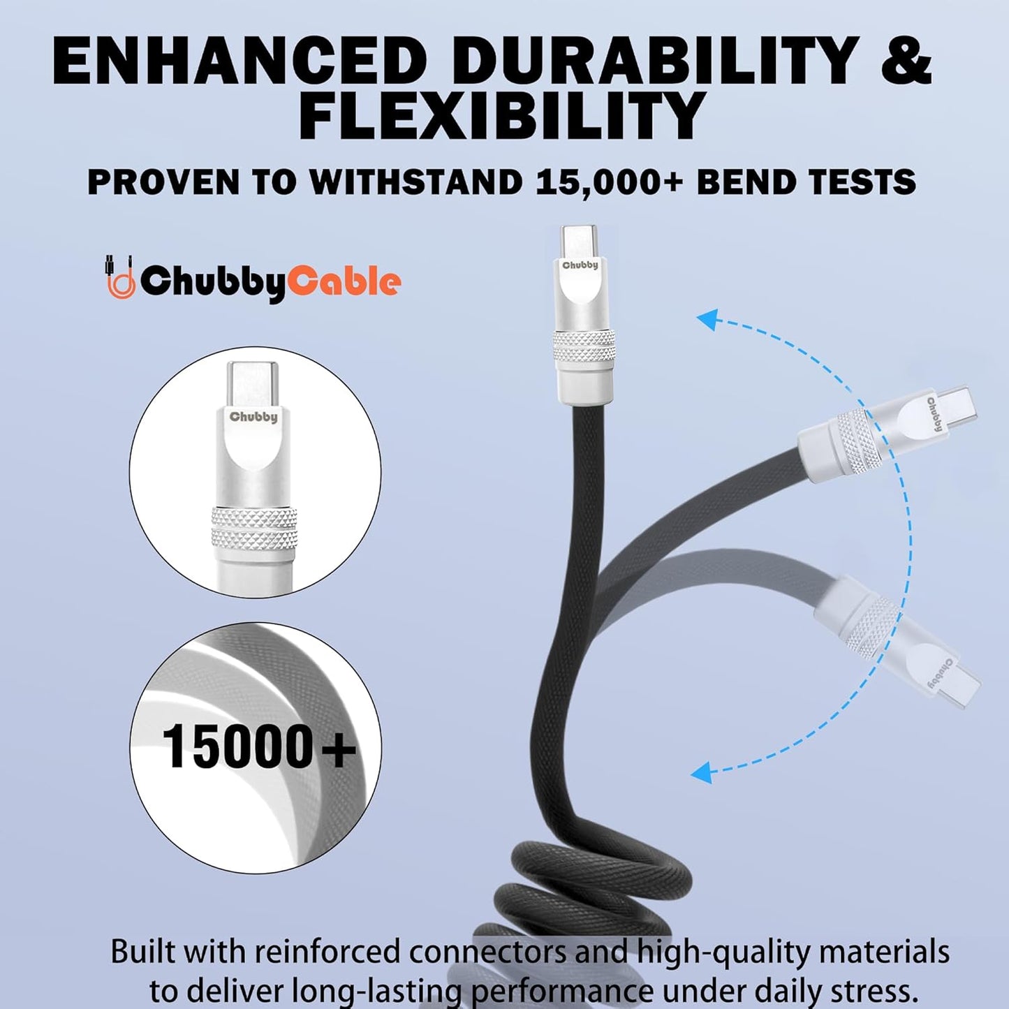 chubbycable Curly Chubby - Retractable Fast Charging Cable 240W Coiled Charger Cord for Car Durable USB-C Cable for Phones, Tablets and More, Dark Blue+Dark Blue, USB-A to Type-C, 1.3FT-2.3FT