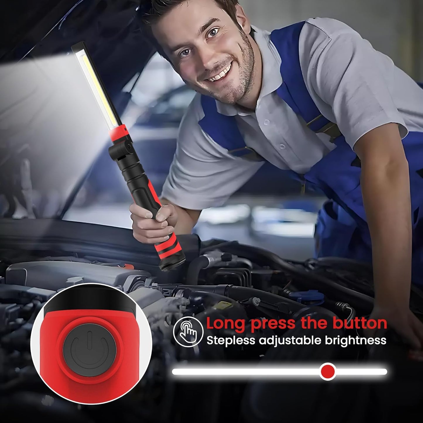 Rechargeable Work Light 2500mAh Magnetic LED Work Light Flashlight Mechanic Light Tool Gifts for Men Him, Foldable Lamp with Hook for Car Repair Emergency BBQ Grill (2 Pack)