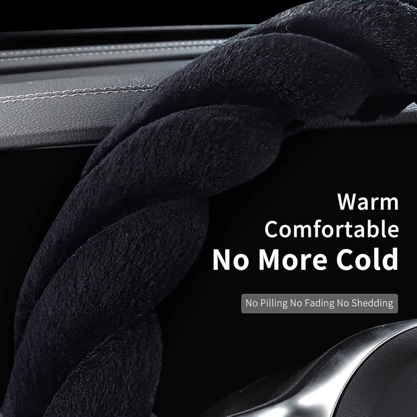 Luxury Fluffy Winter Car Steering Wheel Cover for Women Soft Warm Plush Cute Auto Accessories for Vehicle, Sedan, Universal, Fuzzy, Anti Slip, Black, Standard Size, 14.75-15.15"