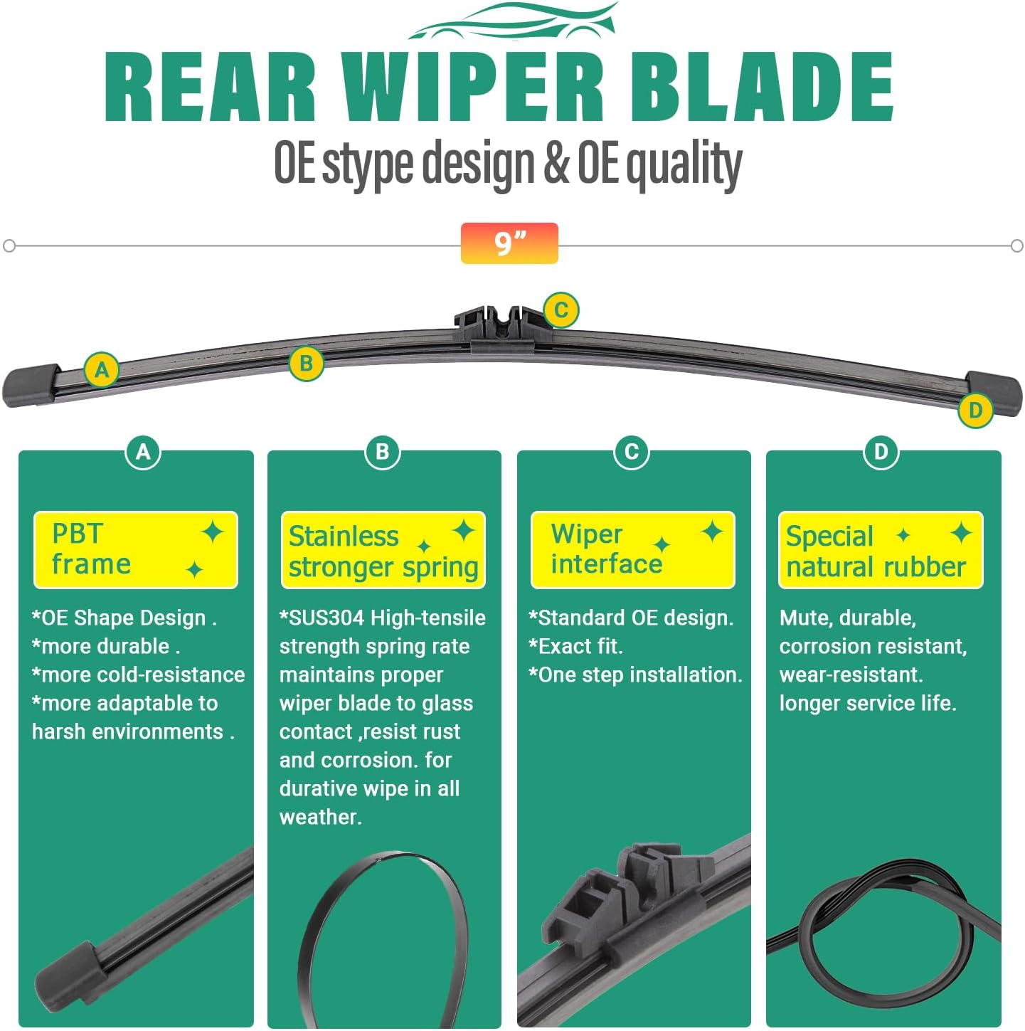 22" 20" 9" Windshield Wiper Blades Replacement for Ford Bronco Sport 2021 2022 2023 2024 2025 Premium All Weather Front Rear Wipers Set - OEM Quality (Pack of 3)