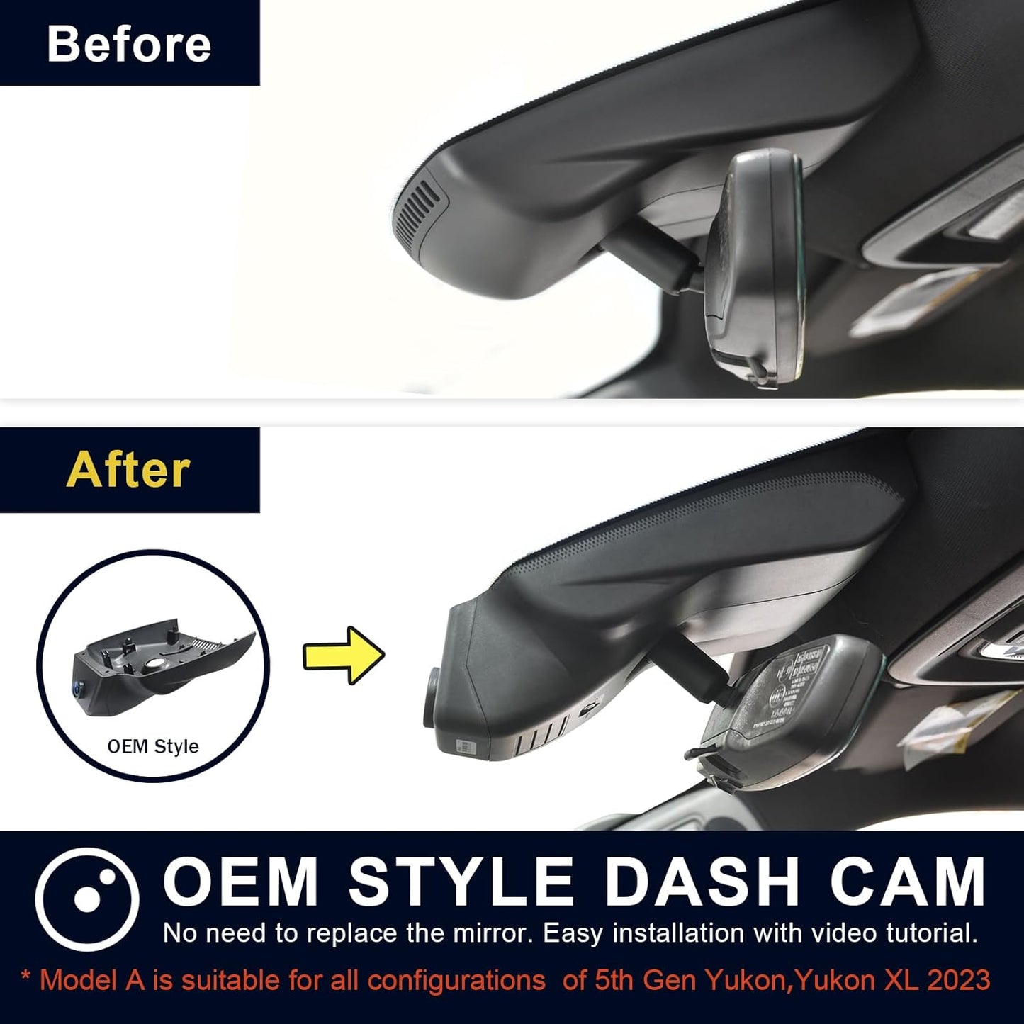 4K Dash Cam Custom fit for GMC Yukon, Yukon XL 2023 2024 2025 (Model A), SLE SLT AT4 Denali Ultimate, Integrated OEM Look, UHD 2160P Video, WiFi & App, G-Sensor, Easy to Install, 128GB Card