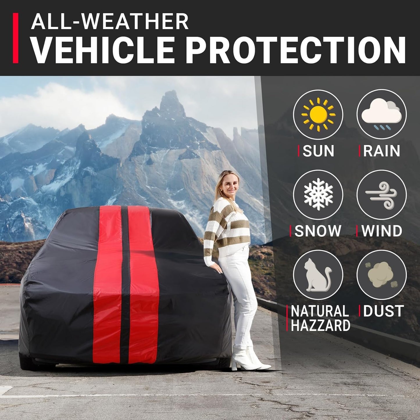 iCarCover Custom Car Cover for Chevy Sprint (1985-1992) Waterproof All Weather Rain Snow UV Sun Protector Full Exterior Indoor Outdoor Car Cover (Stripe - Black/Red)