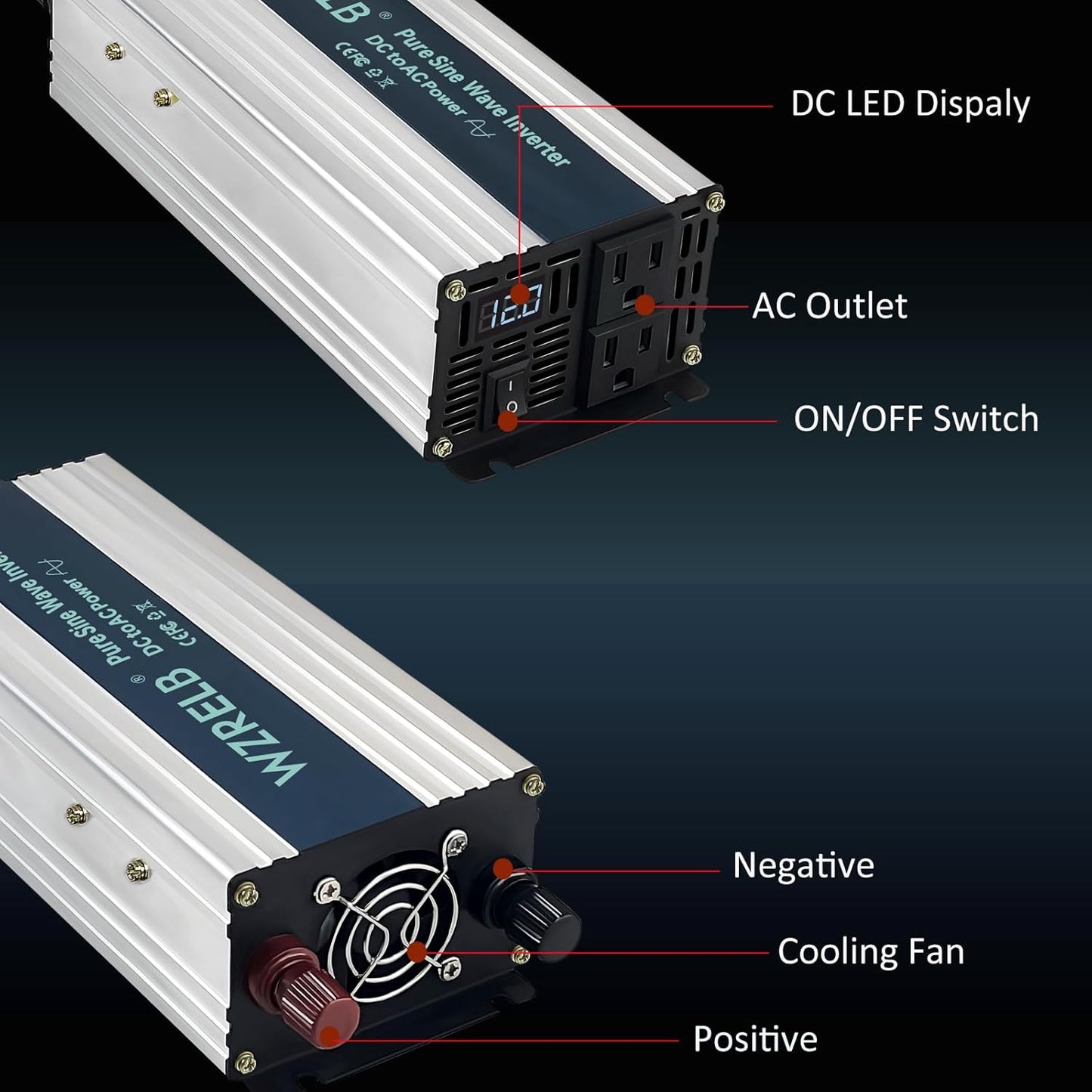 WZRELB 1200W Pure Sine Wave Inverter 24V DC to 110V 120V AC Power Converter with LED Display, Off-Grid Portable Power Inverter with 2 AC Outlets for Home, RV, Truck, Camping