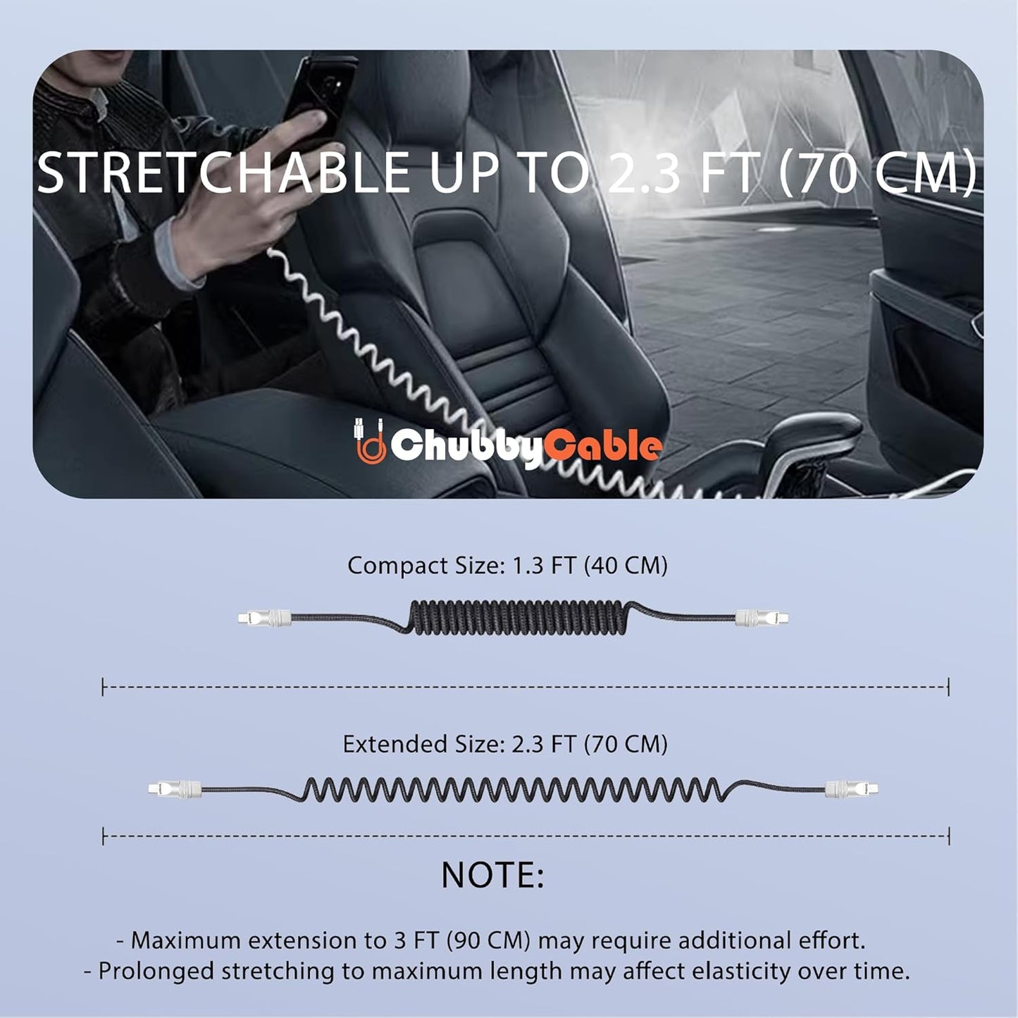 chubbycable Curly Chubby - Retractable Fast Charging Cable 240W Coiled Charger Cord for Car Durable USB-C Cable for Phones, Tablets and More, Dark Blue+Dark Blue, Type-C to Type-C, 1.3FT-2.3FT