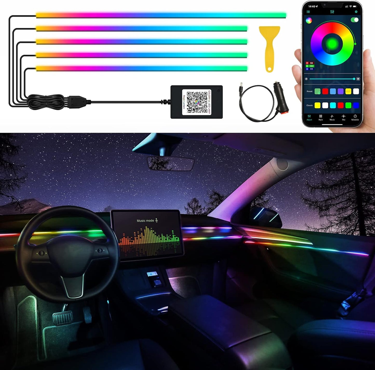 Acrylic Interior Car LED Strip Light with Wireless APP, RGB Dreamcolor 5 in 1 Ambient Lighting Kits, 16 Million Colors Sound Active Function Car Neon Lights, Sync to Music (dreamcolor 5 in 1)