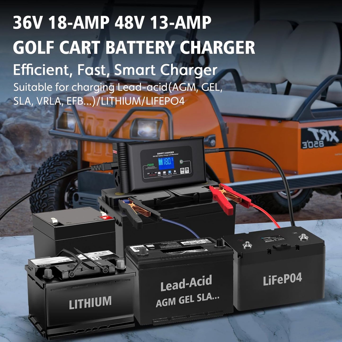 Golf cart Battery Charger, 48V 13A and 36V 18A Trickle Charger,48 Volt cart Golf Charger,for 48 Volt Club Golf Car,Lithium,LiFePO4,Lead-Acid AGM/Gel/SLA..Battery Chargers,3 Pin Round Plug