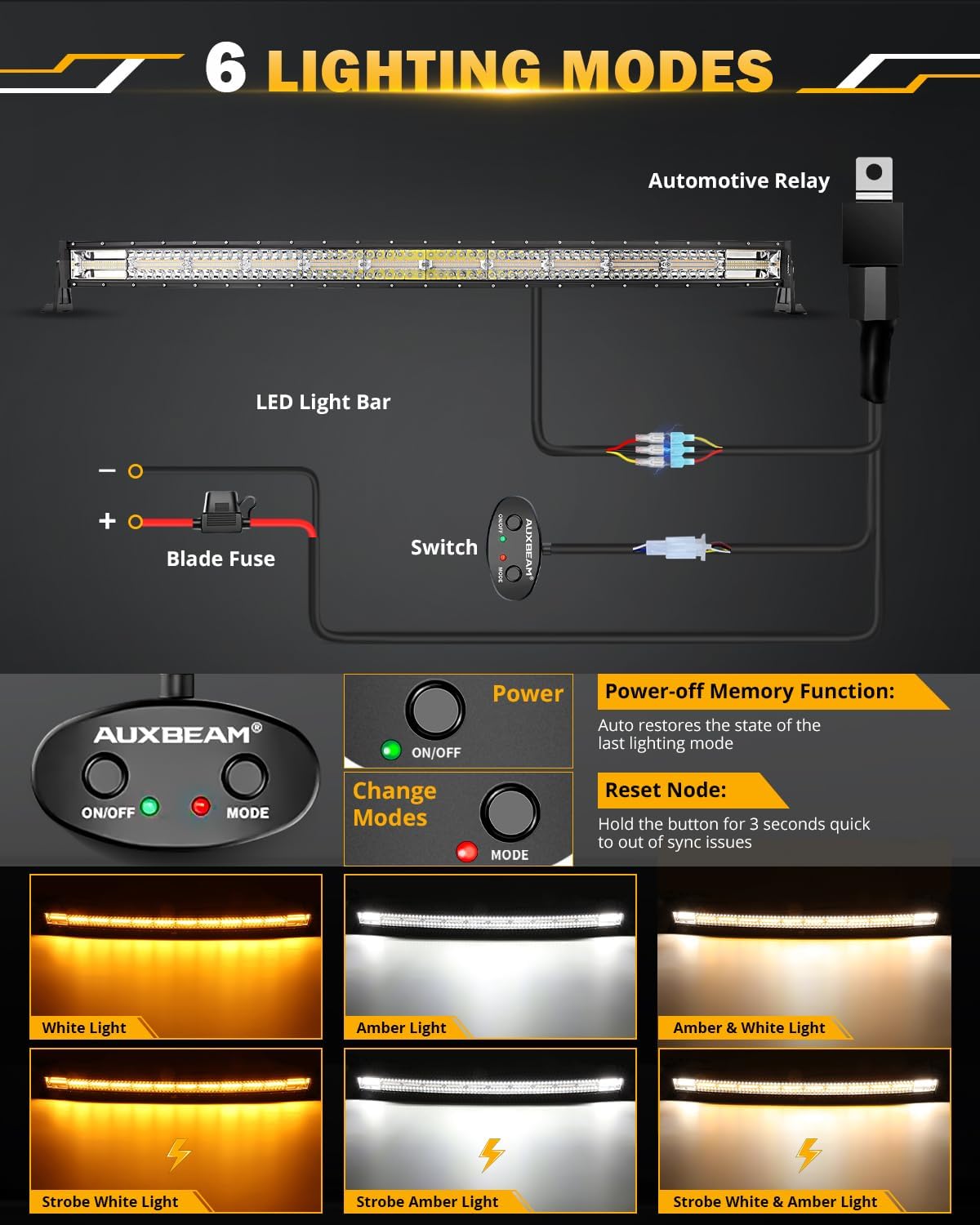 Auxbeam 42 Inch Curved LED Light Bar, 240W 6 Modes Amber White Strobe Fog Lights, Yellow Spot Flood Memory Reset Function Offroad Driving Work Ditch Light for Truck Car ATV