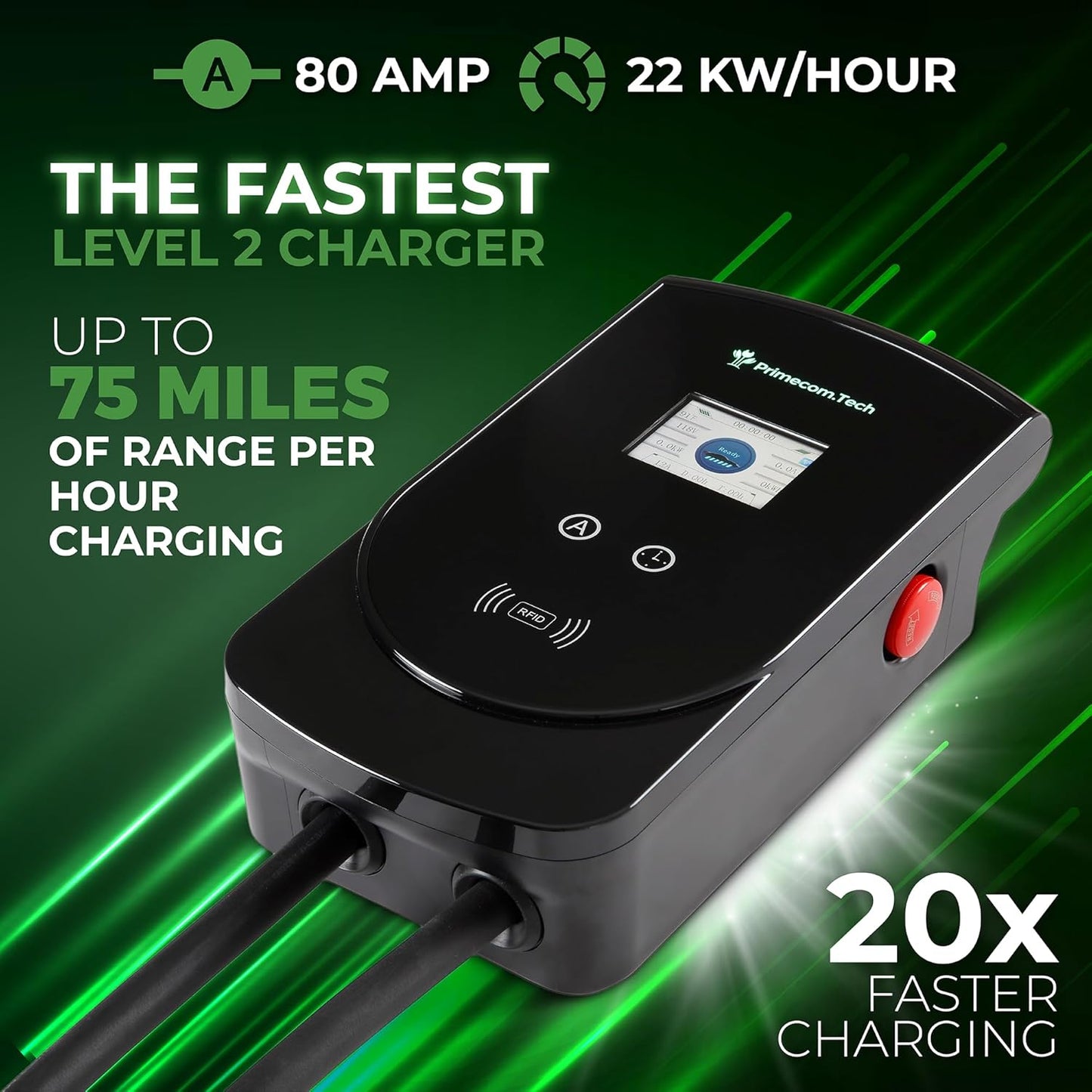 PRIMECOM 80 Amp 22KW 220Volt Level-2 18ft to 50ft Cord Lengths 20X Fast Smart Electric Vehicle EV Charging Station Ford Transit F-150 Lightning Lucid Air Polestar TeslaXS Taycan (25 Feet)