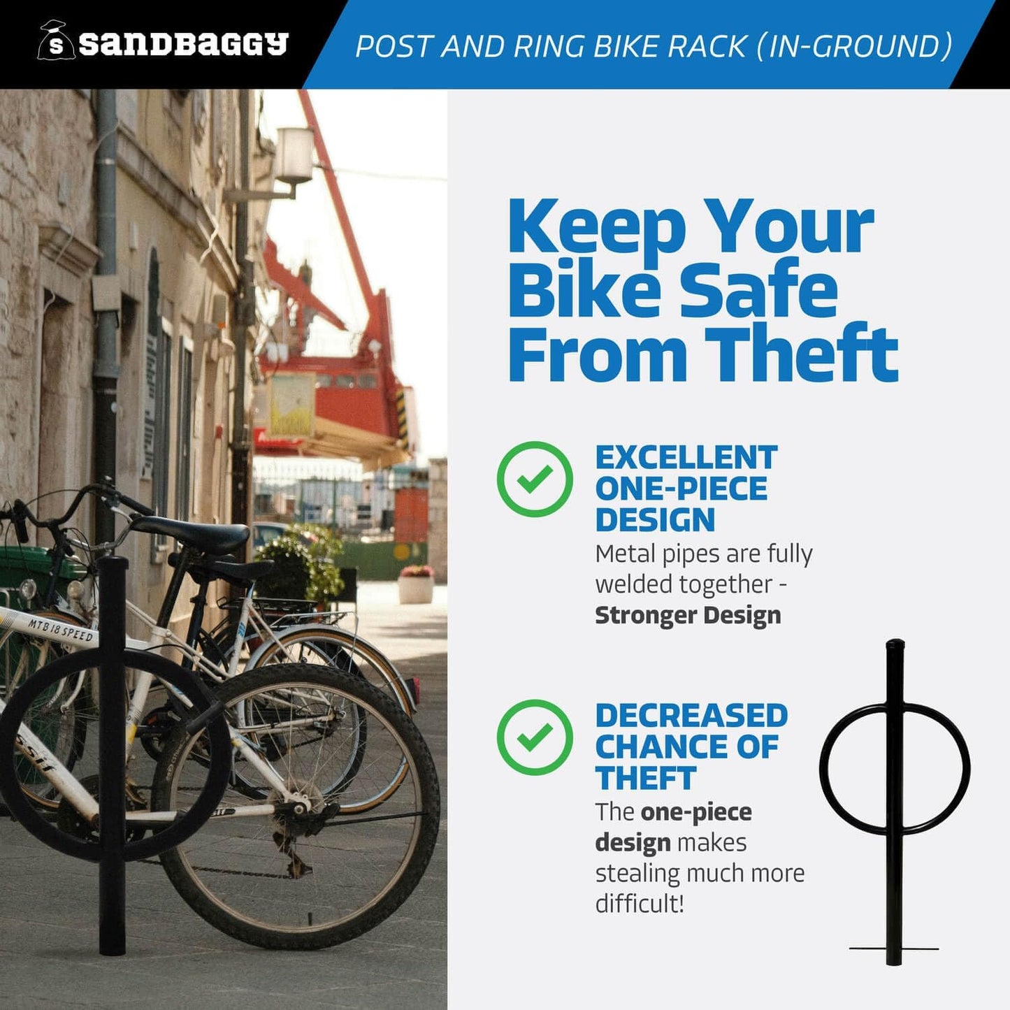 Sandbaggy Post and Ring Rack - In Ground - Commercial Outdoor Bike Parking & Storage Racks (White, 1)