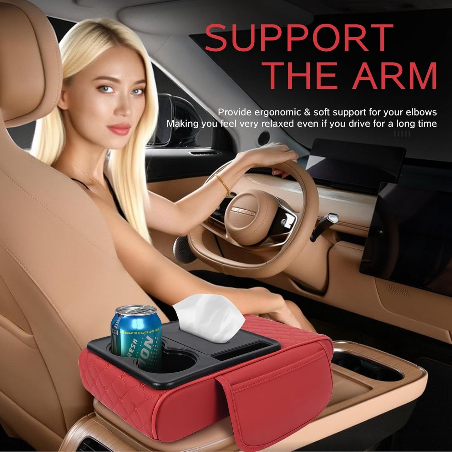 5 in 1 Car Armrest Storage Box for Center Console, Armrest Cushion Cover for Car with 2 Cup Holders Storage Bags, Tissue Box, Phone Slot, Premium Memory Foam with Nappa Leather, 14.2*7.9*2.8in (Black)