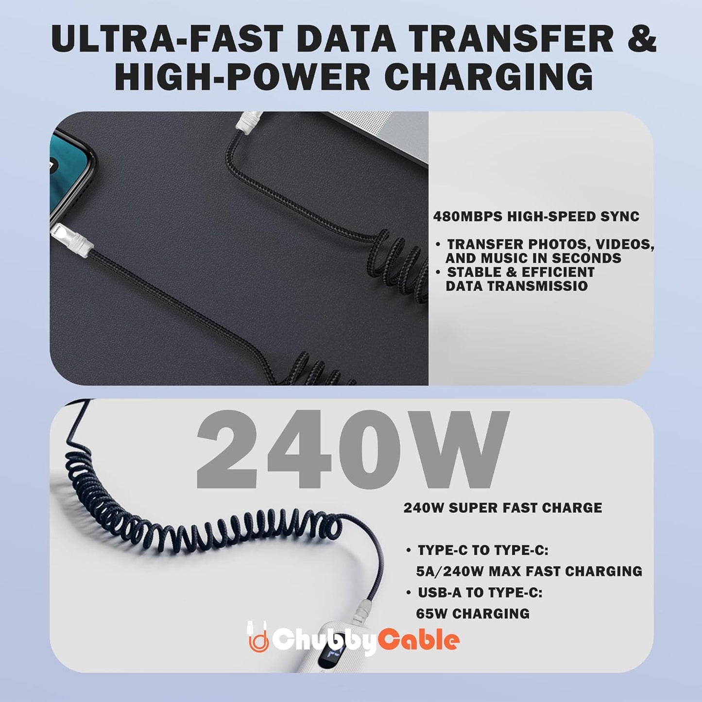 chubbycable Curly Chubby - Retractable Fast Charging Cable 240W Coiled Charger Cord for Car Durable USB-C Cable for Phones, Tablets and More, Purple, USB-A to Type-C, 1.3FT-2.3FT
