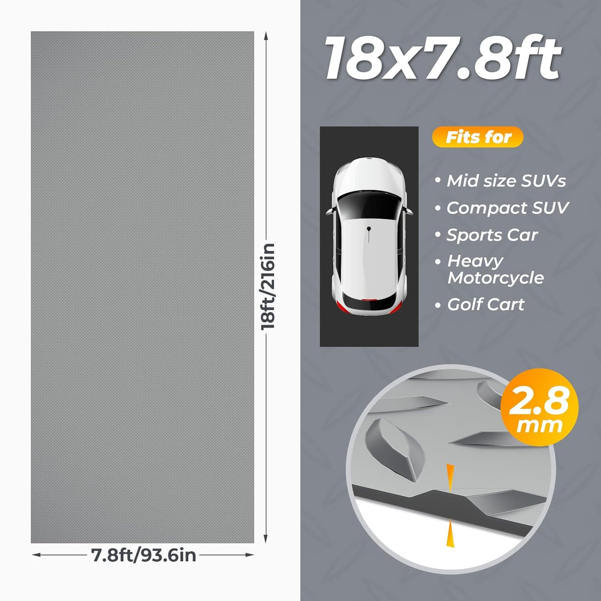 7.8 x 18 FT Garage Floor Mats for Under Car, 2.8mm Thickened Rubber Garage Flooring Roll, M Size 140.4 SQFT Garage Car Mat for Mid-Size SUVs, Sports Car, Light Grey