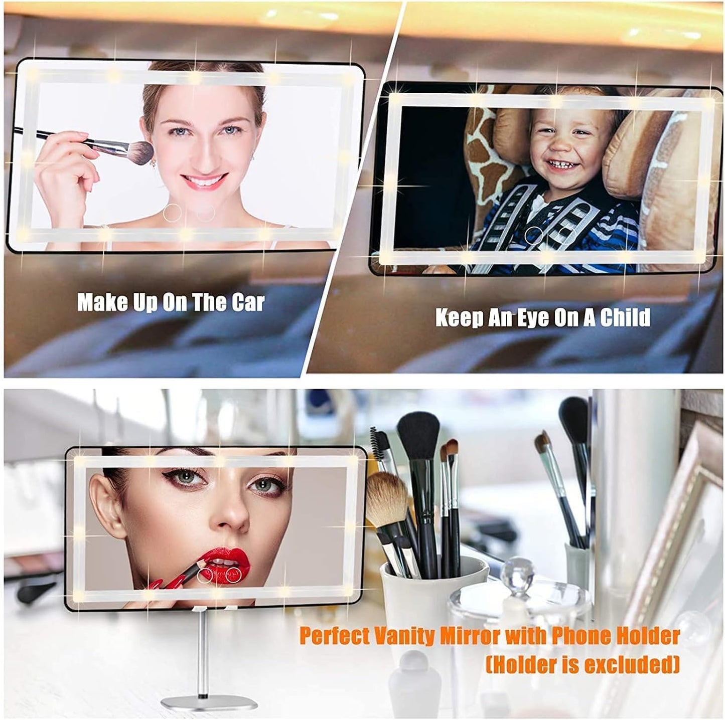 Car Vanity Mirror, with 3 Light Modes & 60 LEDs - Rechargeable Dimmable Clip-on Rear View Sun-Shading Cosmetic Makeup Mirror, Universal for Car SUV (Pink, 1 Pack)