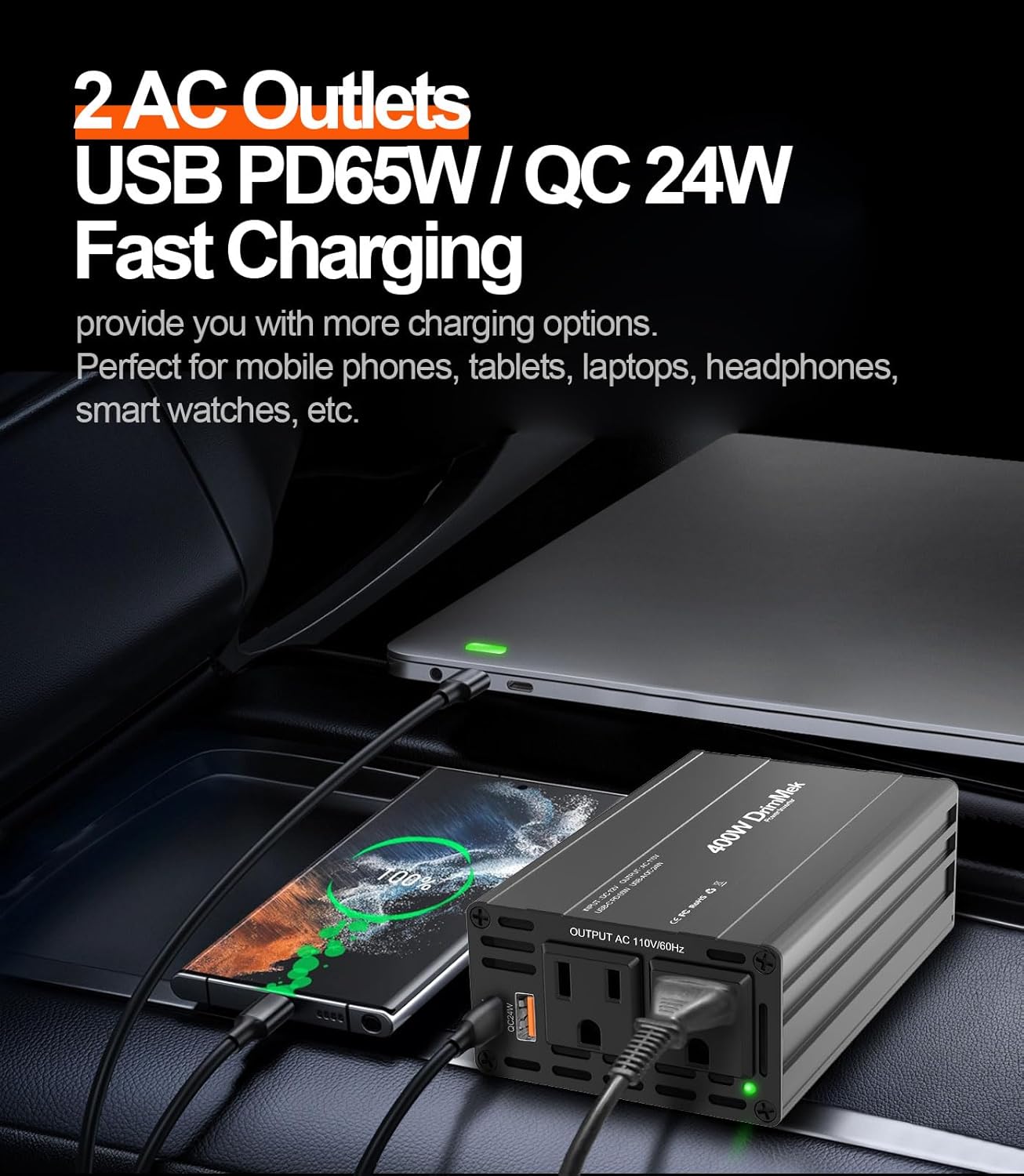 400W Car Power Inverter - Dual DC 12V to 110V AC Car Plug Adapter Outlets, Fast Charging USB C 65W & 24W Port, Power Inverters for Vehicles, Laptop Car Charger, Road Trips