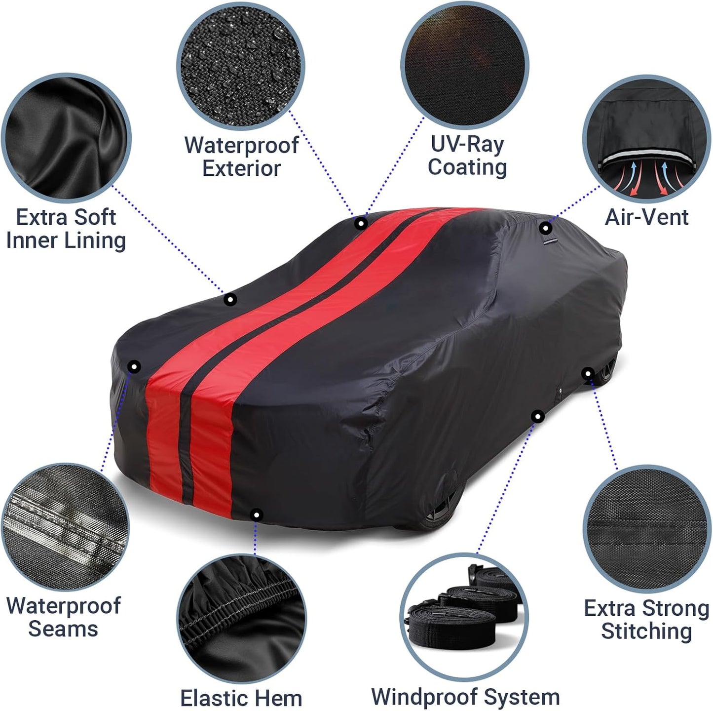 iCarCover Custom Car Cover for Chevy Business Coupe (1947-1953) Waterproof All Weather Rain Snow UV Sun Protector Full Exterior Indoor Outdoor Car Cover (Stripe - Black/Red)