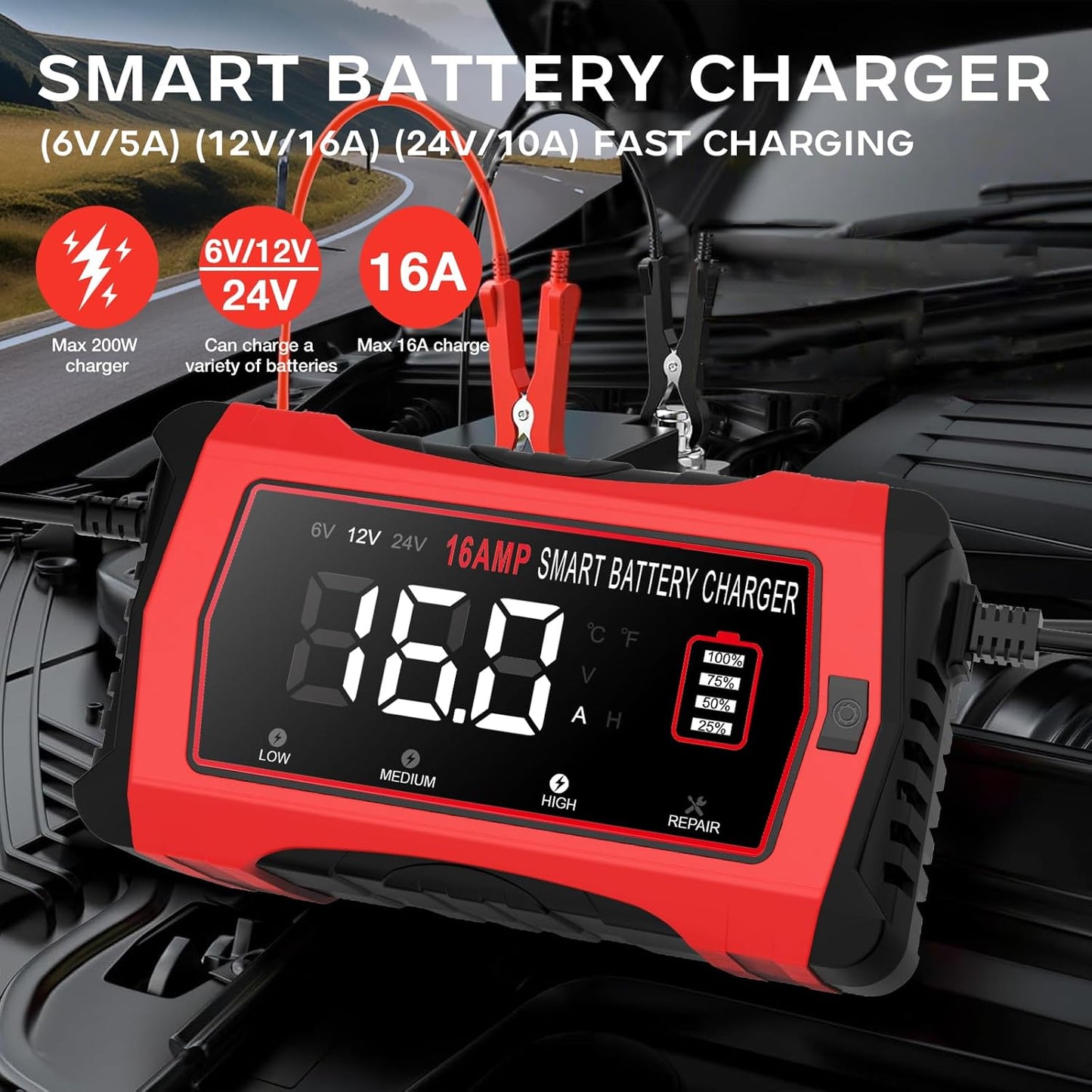 16-Amp Battery Charger, 6V/12V/24V Smart Car Battery Charger, Automotive Battery Maintainer, Trickle Charger for Car, SUV, Motorcycle, Boat, Lead-Acid, Lithium, LiFePo4 Battery