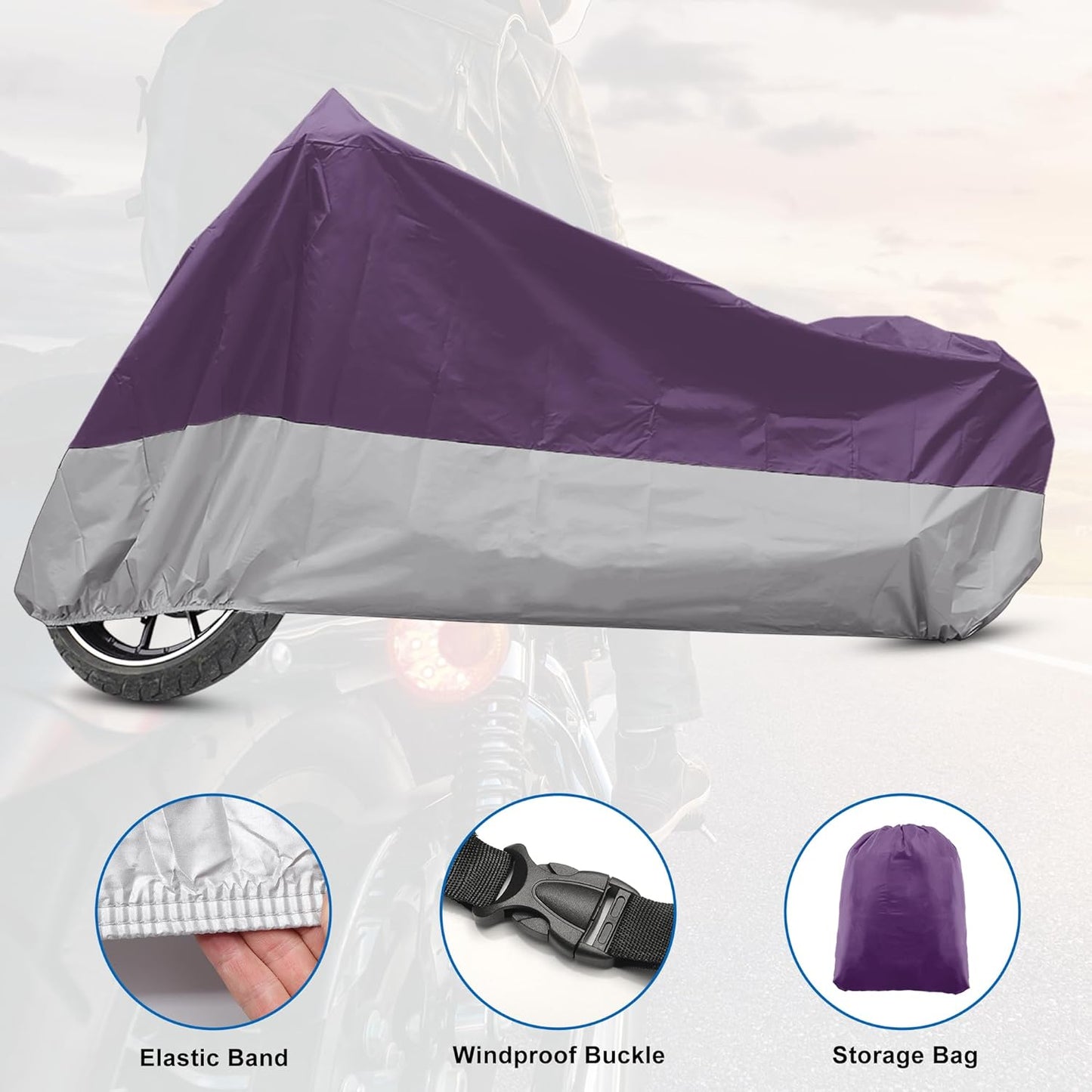 X AUTOHAUX Motorcycle Cover for Harley Davidson for Honda for Suzuki All Season Waterproof Outdoor Protection Motorbike Cover Fits Up to 116.14'' Motorcycles Cover XXXL Purple Silver Tone
