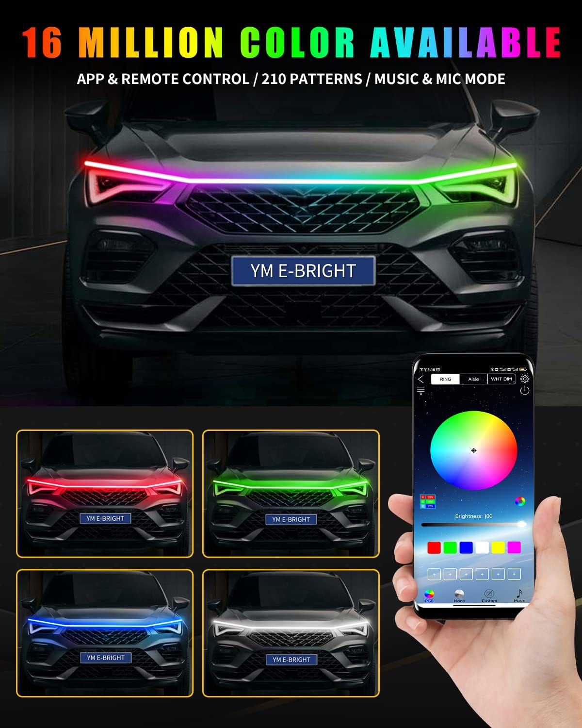 RGB Hood Light Strip with Sequential Turn Signal Indicator Function Waterproof Multicolor Dynamic Scan Start Up Hoodbeam Kit for Cars,Truck,Suv,with APP Control,12V 79inch/2M (1Set)
