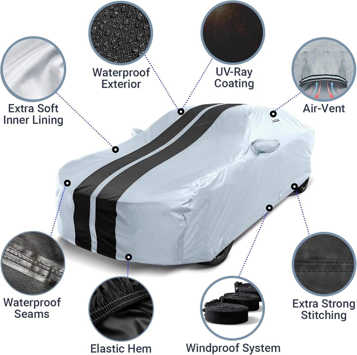 iCarCover Custom Car Cover for Buick Riviera (1989-1993) Waterproof All-Weather Rain Snow UV Sun Protector Full Exterior Indoor Outdoor Car Cover (Stripe - Gray/Black)