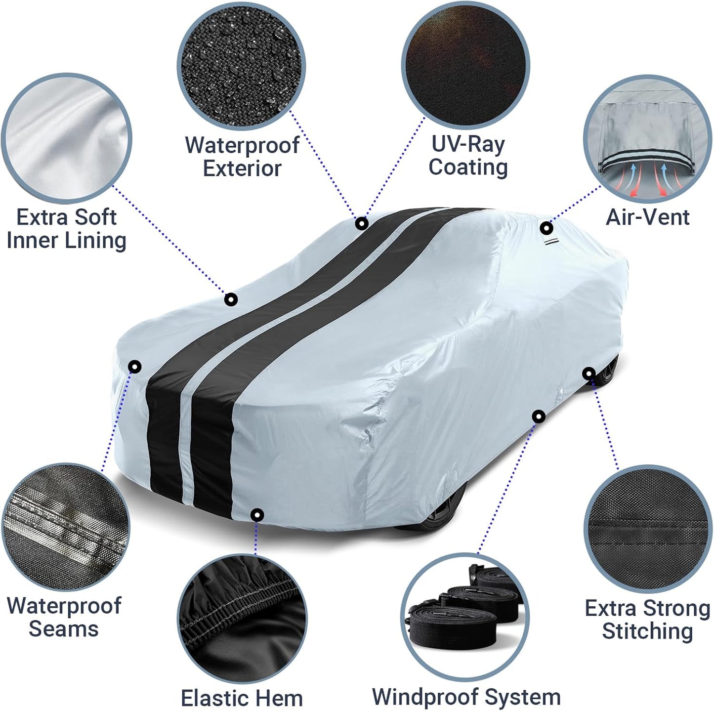 iCarCover Custom Car Cover for Chevy Vega Wagon (1971-1977) Waterproof All Weather Rain Snow UV Sun Protector Full Exterior Indoor Outdoor Car Cover (Stripe - Gray/Black)