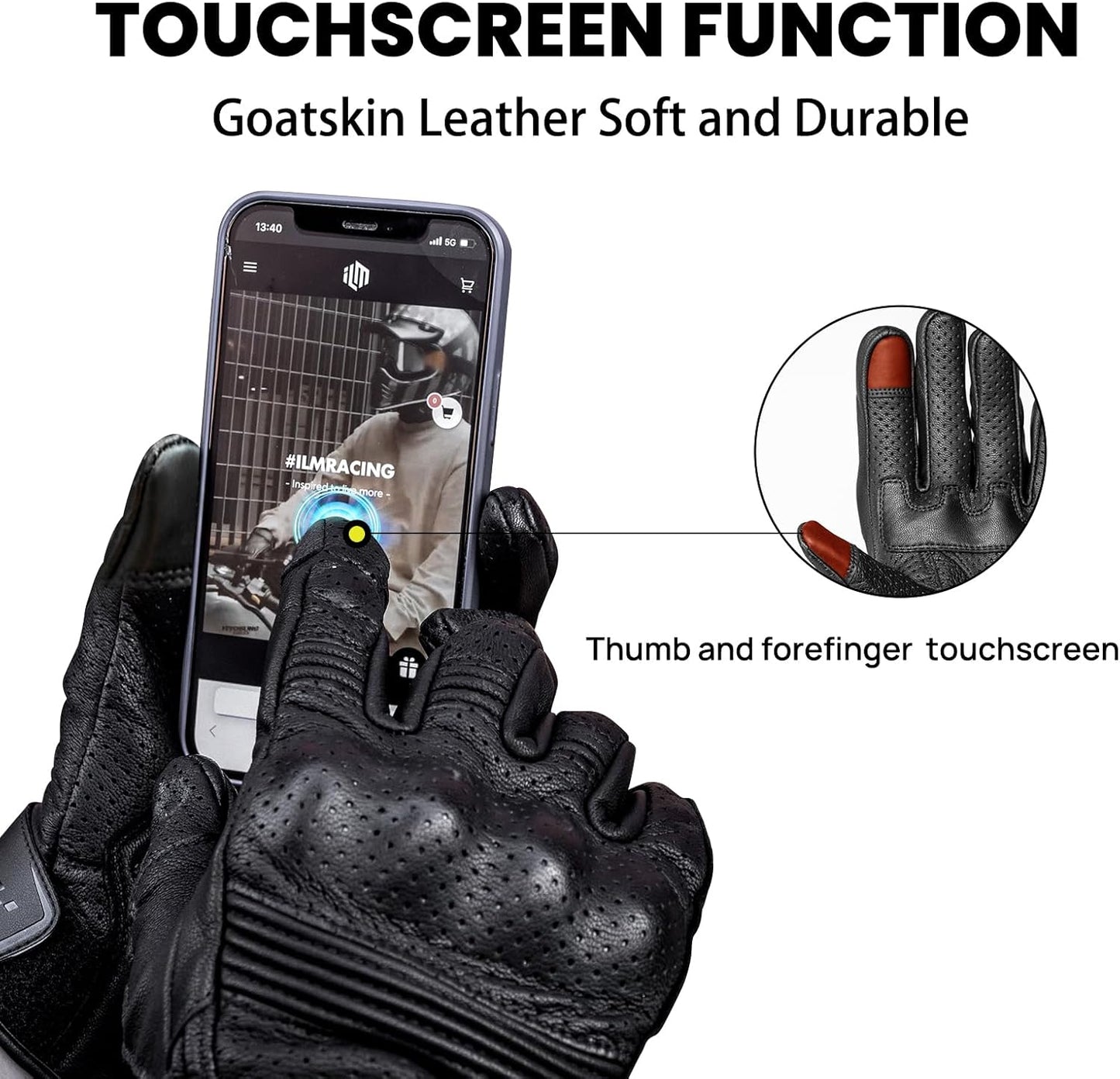 ILM Goatskin Leather Motorcycle Motorbike Powersports Racing Gloves Touchscreen for Men and Women Model DN01(XL, Black Unperforated)