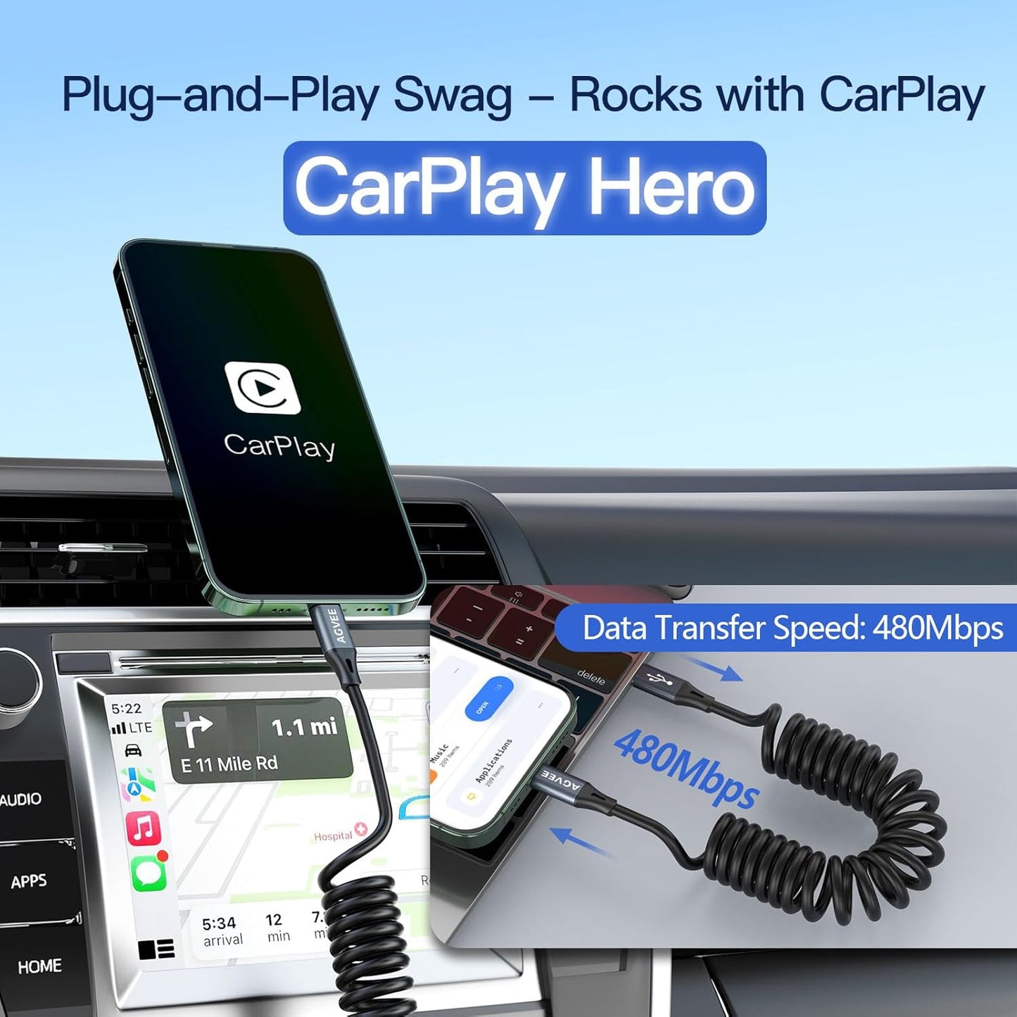 AGVEE 2 Pack 5ft Coiled Short USB-C to Lightning Charging Cable [MFI Certified] 30W PD Fast Charger Cord in Car for iPhone 14/13/12/11/XS/8/7/6/5 CarPlay, iPad, iPod, Dark Gray