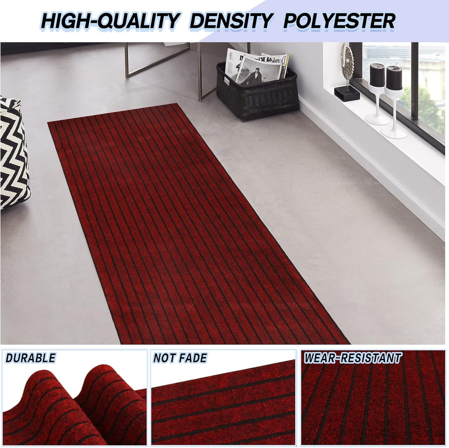 Custom Size Backed Non-Slip Area Rugs Runner, Easy Clean, Waterproof Runner Rugs for Hallway Entryway, Kitchen, Laundry, 3FT x 68FT, Red Stripe