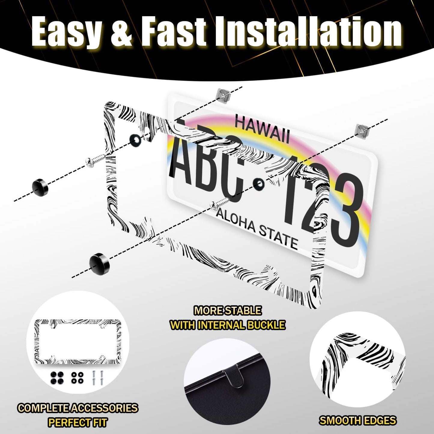 Abstract Marble Print License Plate Frame Wood Texture Marble License Plate Stainless Steel Colorful Car Accessory Funny License Plate Decoration Men Women Size 12.2"x6.2" with Screws