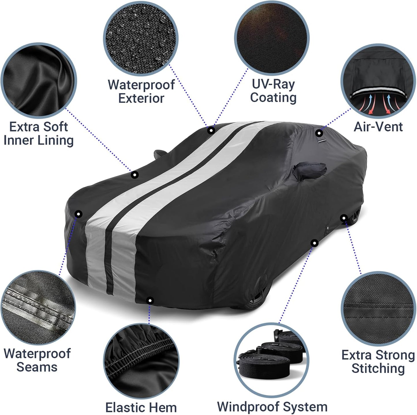 iCarCover Custom Car Cover for Buick Allure (2005-2010) Waterproof All-Weather Rain Snow UV Sun Protector Full Exterior Indoor Outdoor Car Cover (Stripe - Black/Gray)