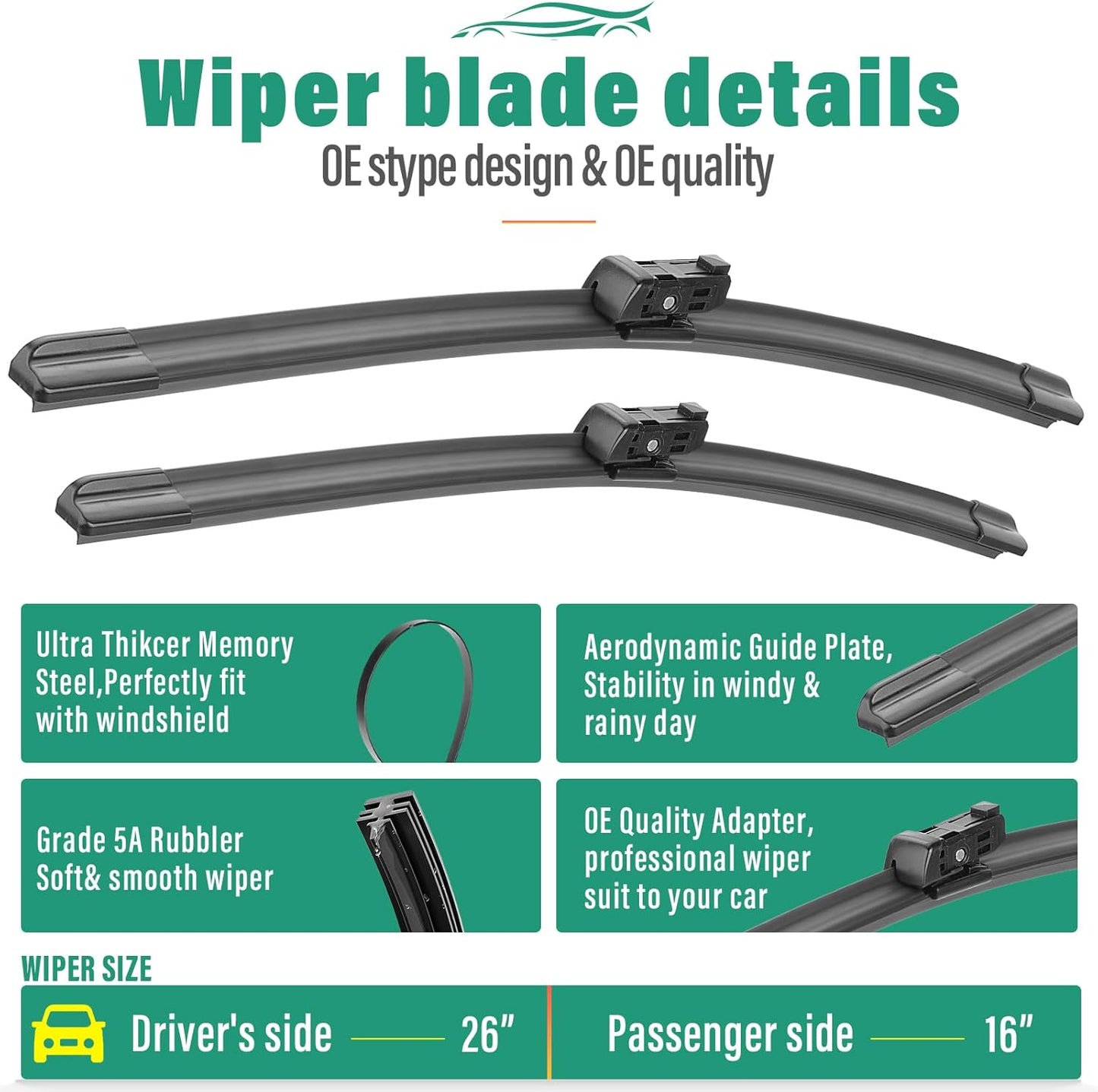 26" 16" 13" Windshield Wiper Blades Replacement for BMW X1 2016 2017 2018 2019 2020 2021 2022 Premium All Weather Front Rear Wipers Set - OEM Quality (Pack of 3)