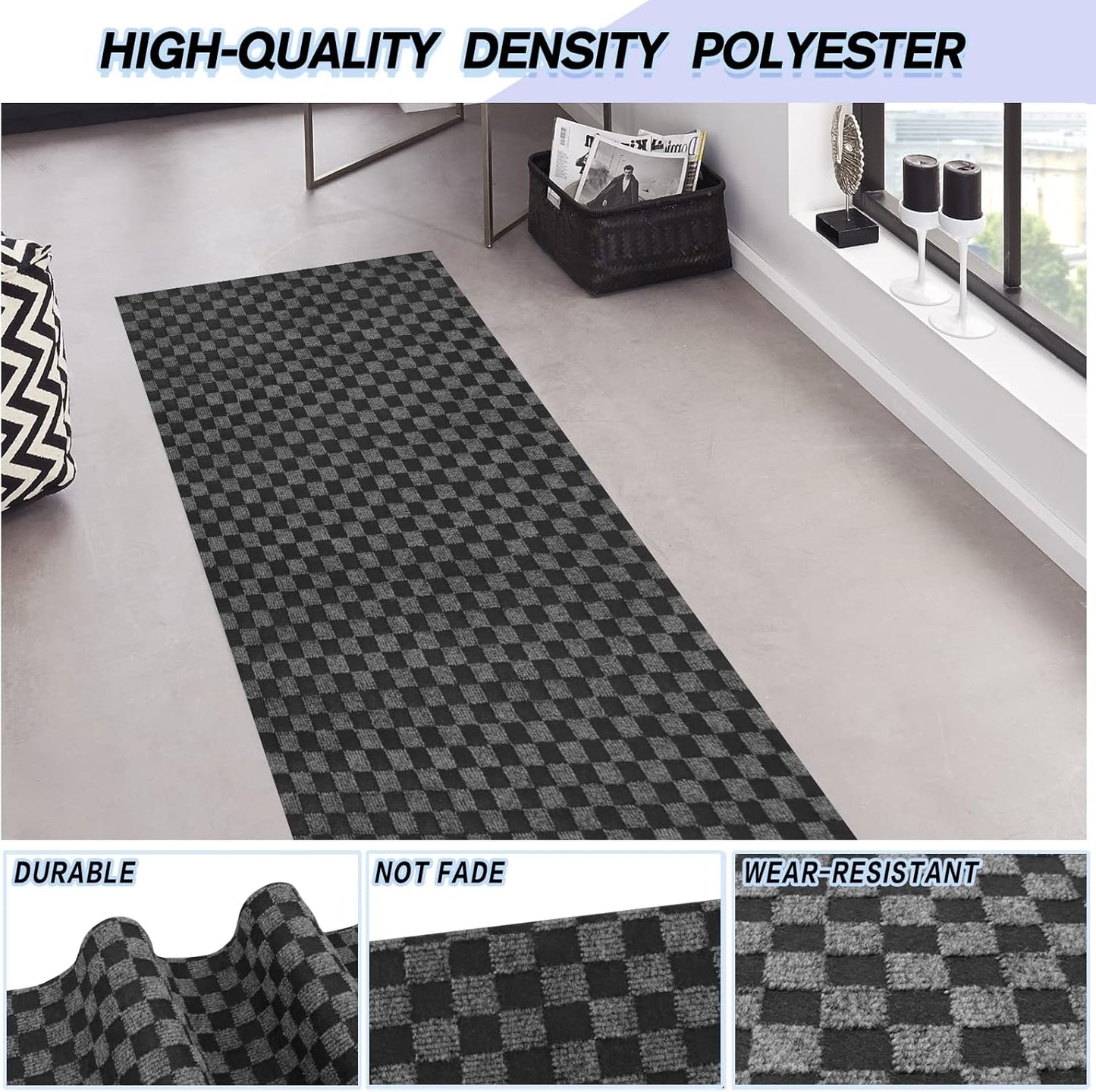 Custom Size Backed Non-Slip Area Rugs Runner, Easy Clean, Waterproof Runner Rugs for Hallway Entryway, Kitchen, Laundry, 4FT x 43FT, Gray Checkered