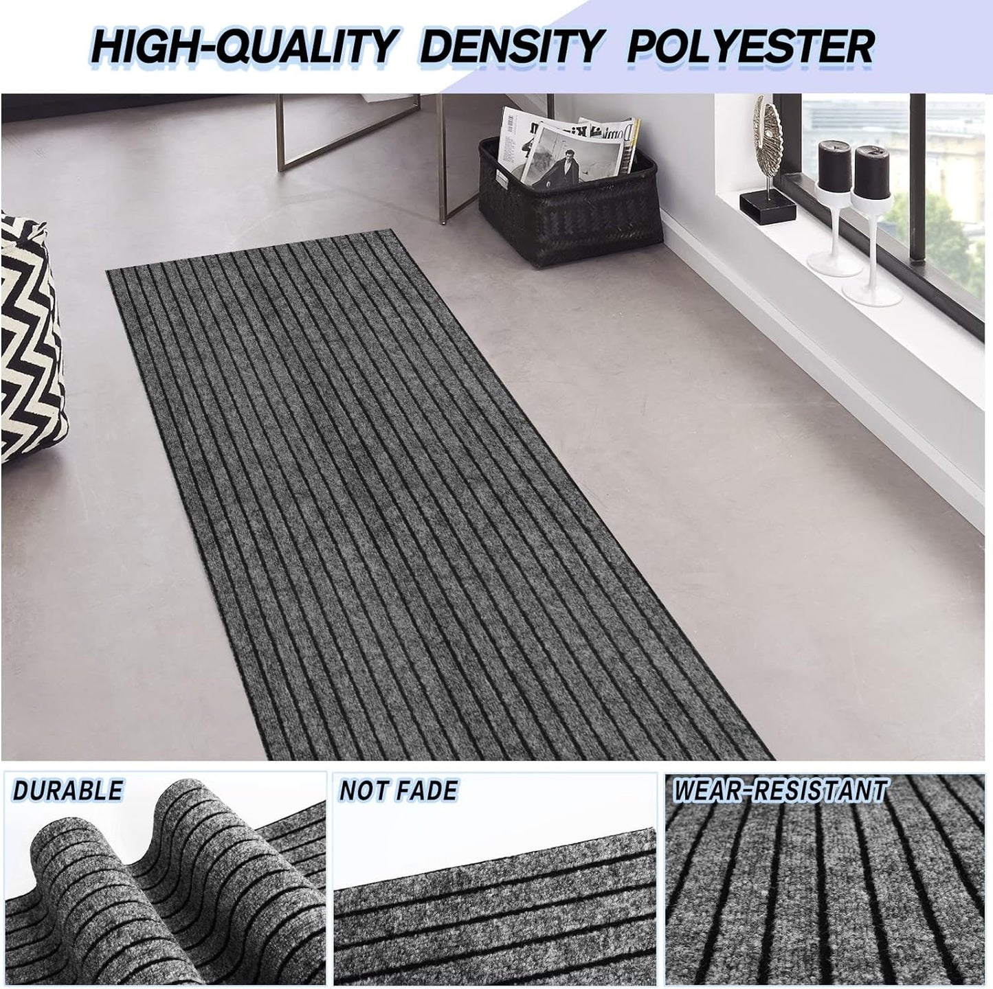 Custom Size Backed Non-Slip Area Rugs Runner, Easy Clean, Waterproof Runner Rugs for Hallway Entryway, Kitchen, Laundry, 4FT x 34FT, Gray Stripe