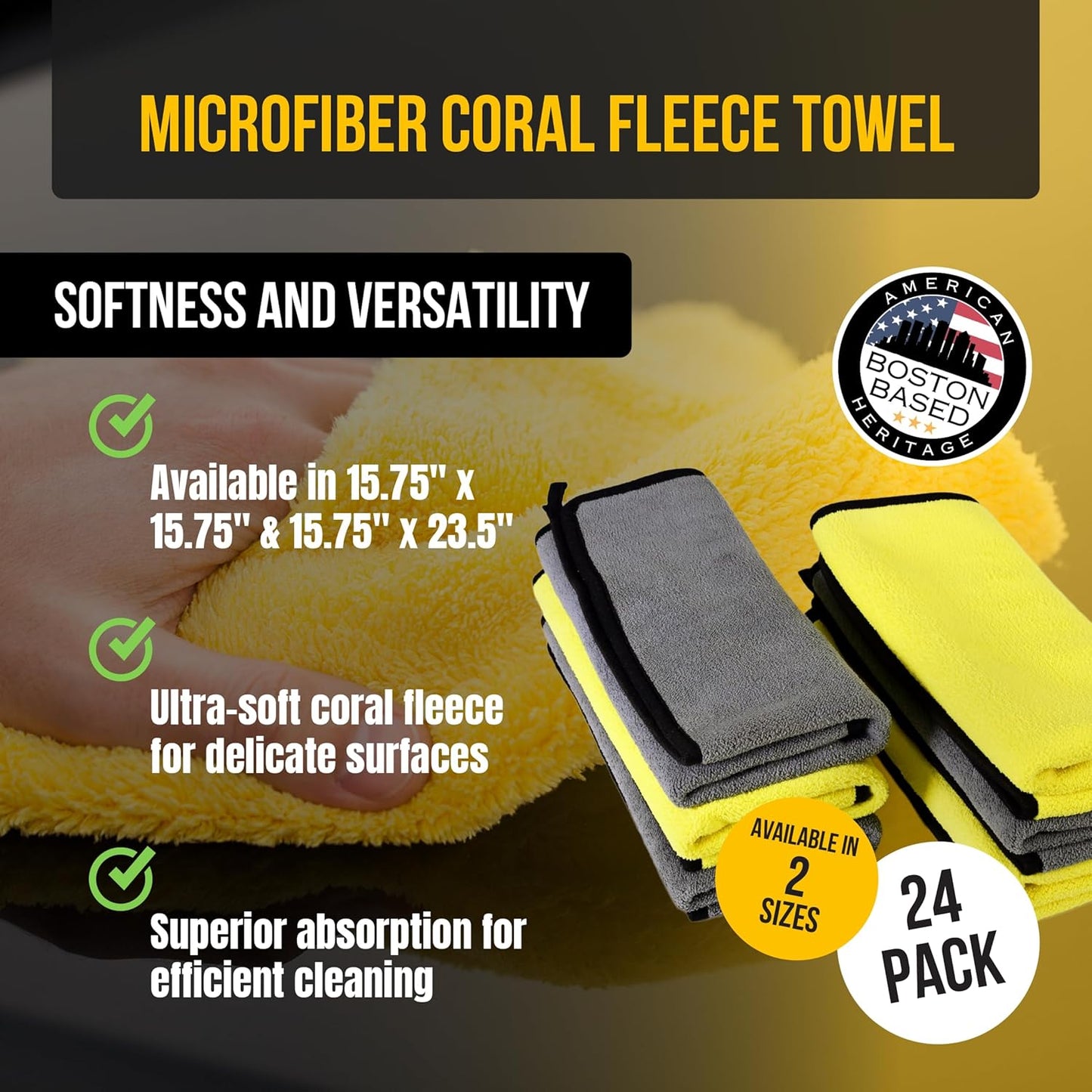 VPD Microfiber Coral Fleece Towels - Dark Yellow, Ultimate Car Drying Towels, Extra Large, Super Absorbent, Lint and Scratch Free, Perfect for Car Wax Polishing (24, 15.75" by 15.75")