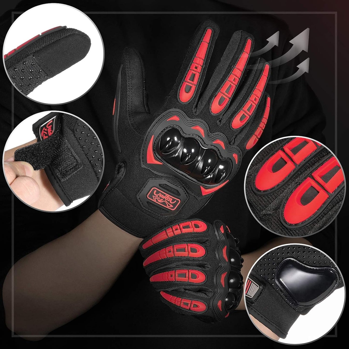 COFIT Motorcycle Gloves Breathable, Touchscreen Motorbike Gloves Anti-Slip with Good Grip Hard Knuckles Protection for Men Women Motocross, BMX ATV MTB Cycling, Road Racing - Red XXL